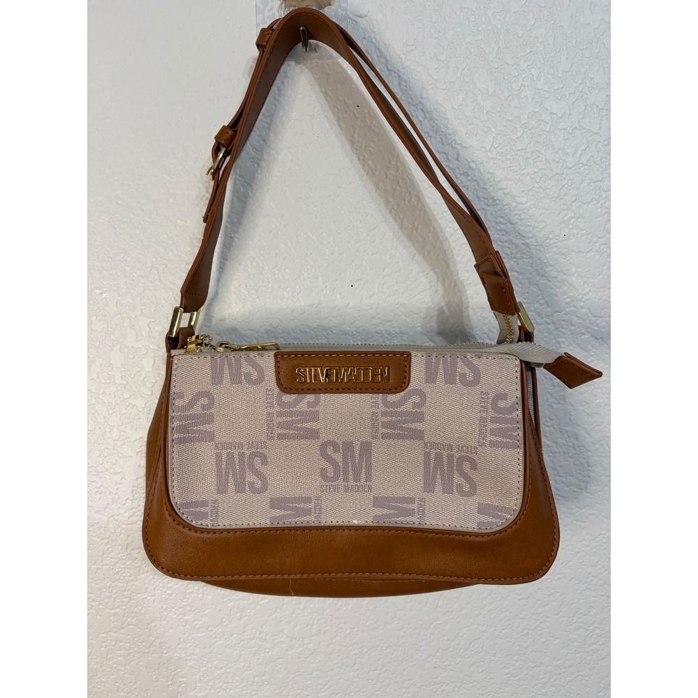 Steve Madden Monogram Shoulder Bag Tan Cream Logo Print Gold Hardware